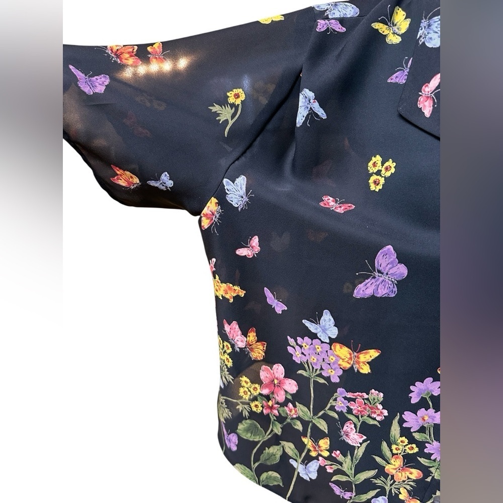 Positive Attitude Black Sheer Cropped Shirt Butterflies Flowers Top Size L/XL - Picture 3 of 9